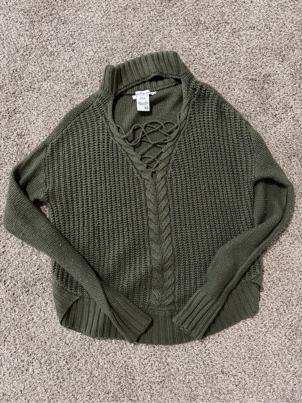 American Rag Olive Green Lace-Up Cable V-Neck Sweater